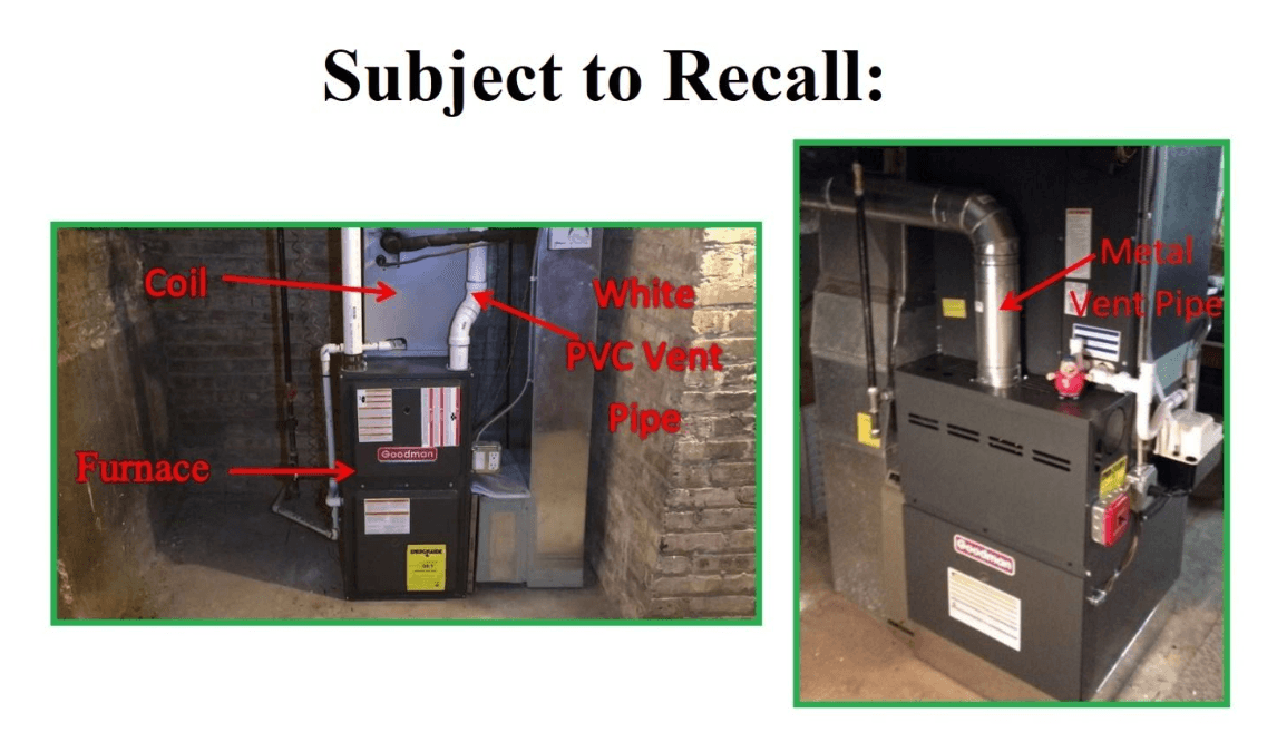 Furnace configurations for recalled evaporator coil drain pans showing an up-flow coil configuration