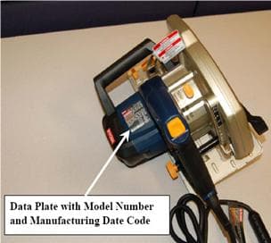 Recalled Circular Saw indicating data plate location